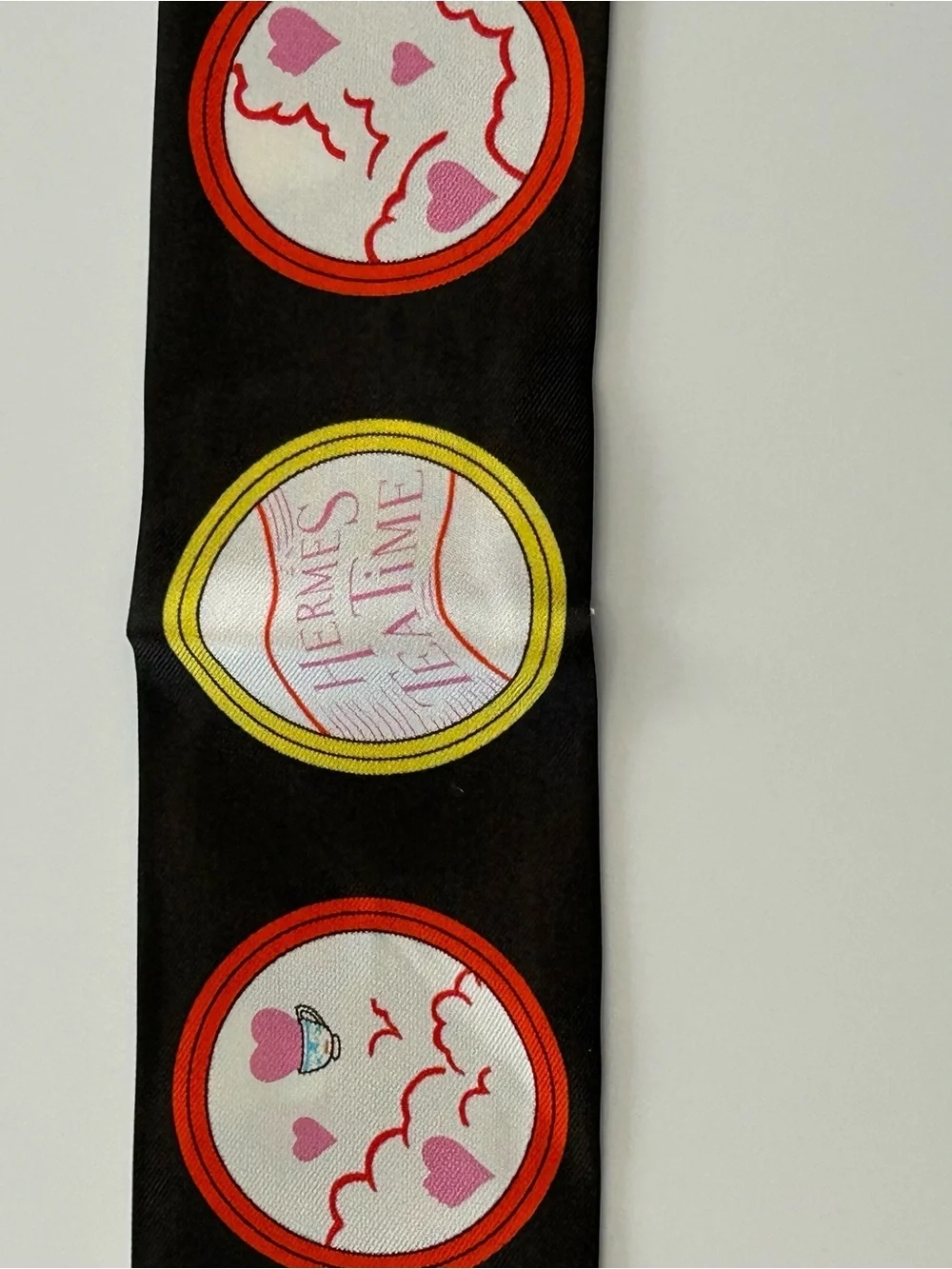Black Silk Skinny Scarf with Multicolor Heart Motif